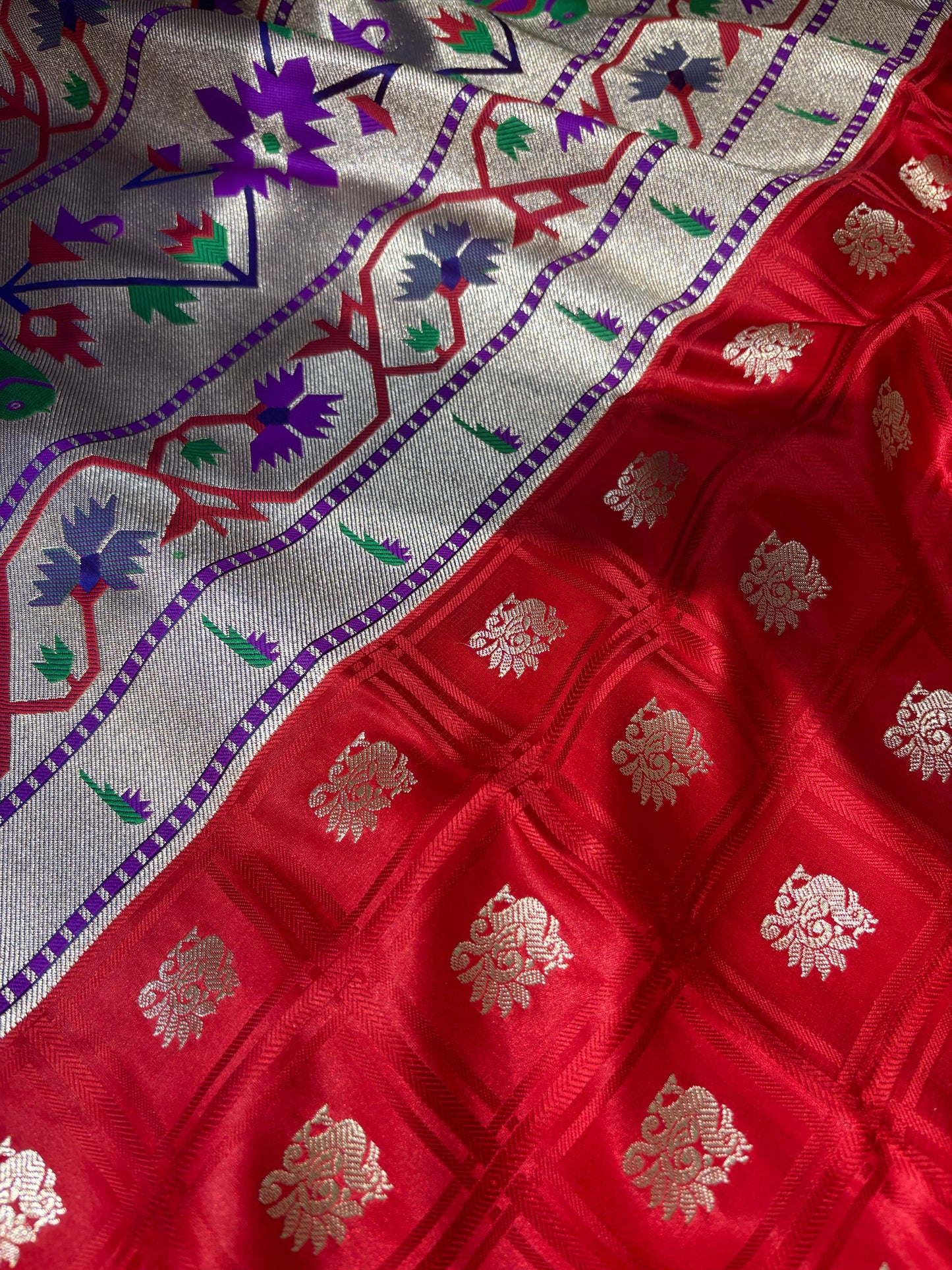 Elegant Red Banarasi Silk Paithani Big Border Fabric ( 1 Mtr ) - Luxurion World