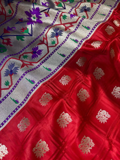 Elegant Red Banarasi Silk Paithani Big Border Fabric ( 1 Mtr ) - Luxurion World