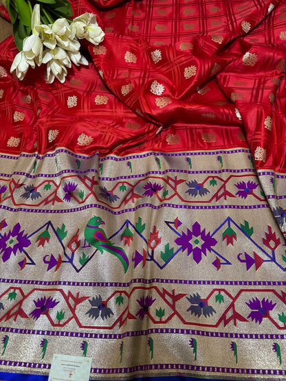 Elegant Red Banarasi Silk Paithani Big Border Fabric ( 1 Mtr ) - Luxurion World