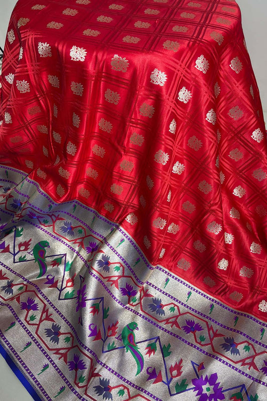 Elegant Red Banarasi Silk Paithani Big Border Fabric ( 1 Mtr ) - Luxurion World