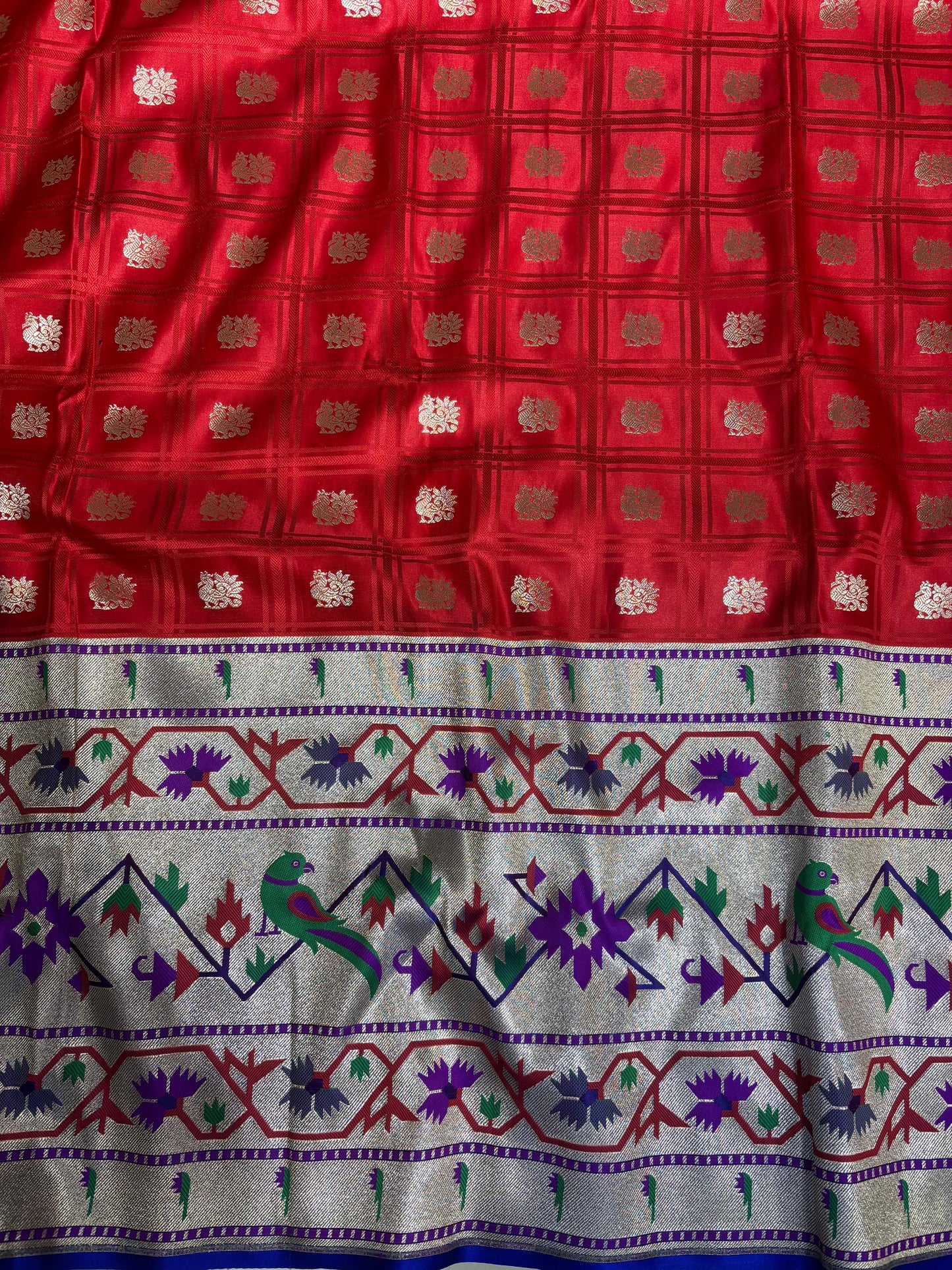 Elegant Red Banarasi Silk Paithani Big Border Fabric ( 1 Mtr ) - Luxurion World