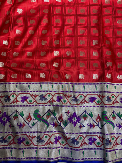 Elegant Red Banarasi Silk Paithani Big Border Fabric ( 1 Mtr ) - Luxurion World