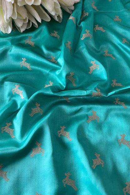 Sea Green Banarasi Mashru Silk Deer Design Fabric ( 1 Mtr ) - Luxurion World