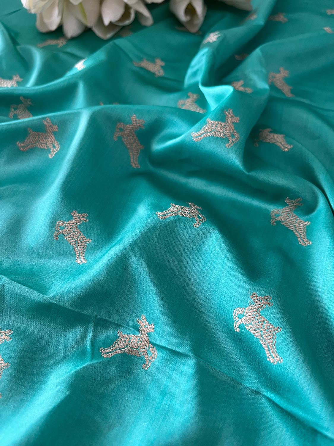Sea Green Banarasi Mashru Silk Deer Design Fabric ( 1 Mtr ) - Luxurion World