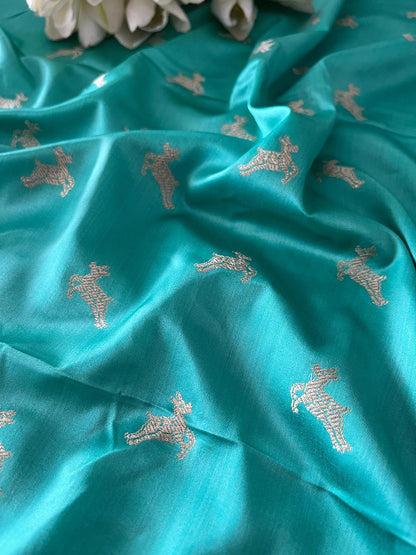 Sea Green Banarasi Mashru Silk Deer Design Fabric ( 1 Mtr ) - Luxurion World