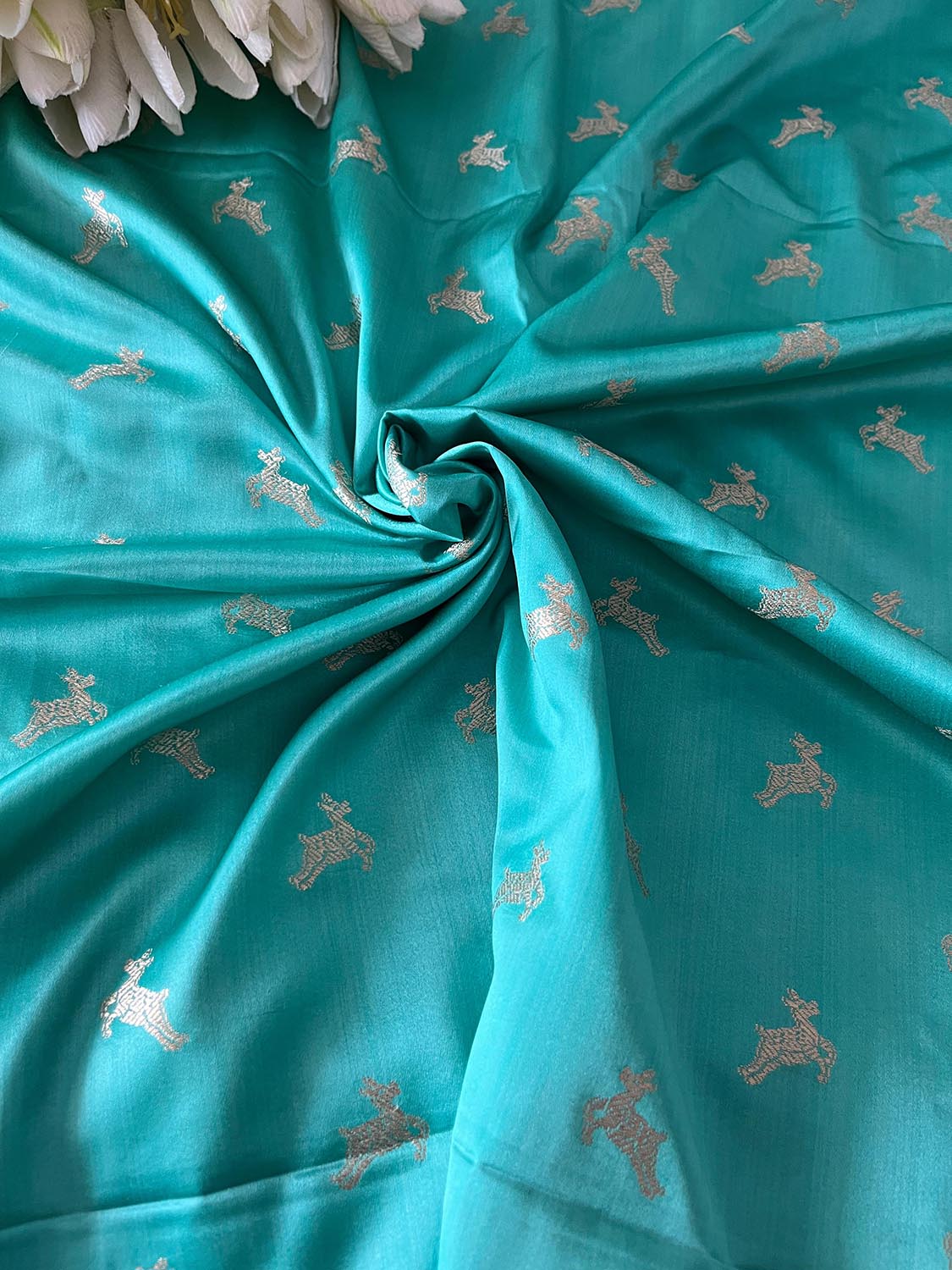 Sea Green Banarasi Mashru Silk Deer Design Fabric ( 1 Mtr ) - Luxurion World