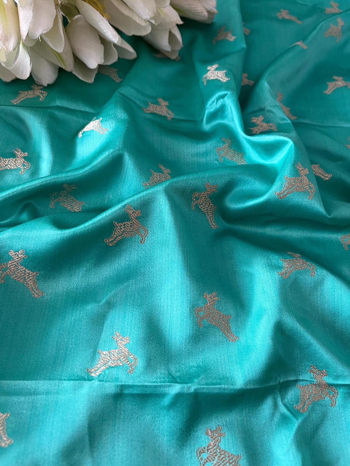 Sea Green Banarasi Mashru Silk Deer Design Fabric ( 1 Mtr ) - Luxurion World