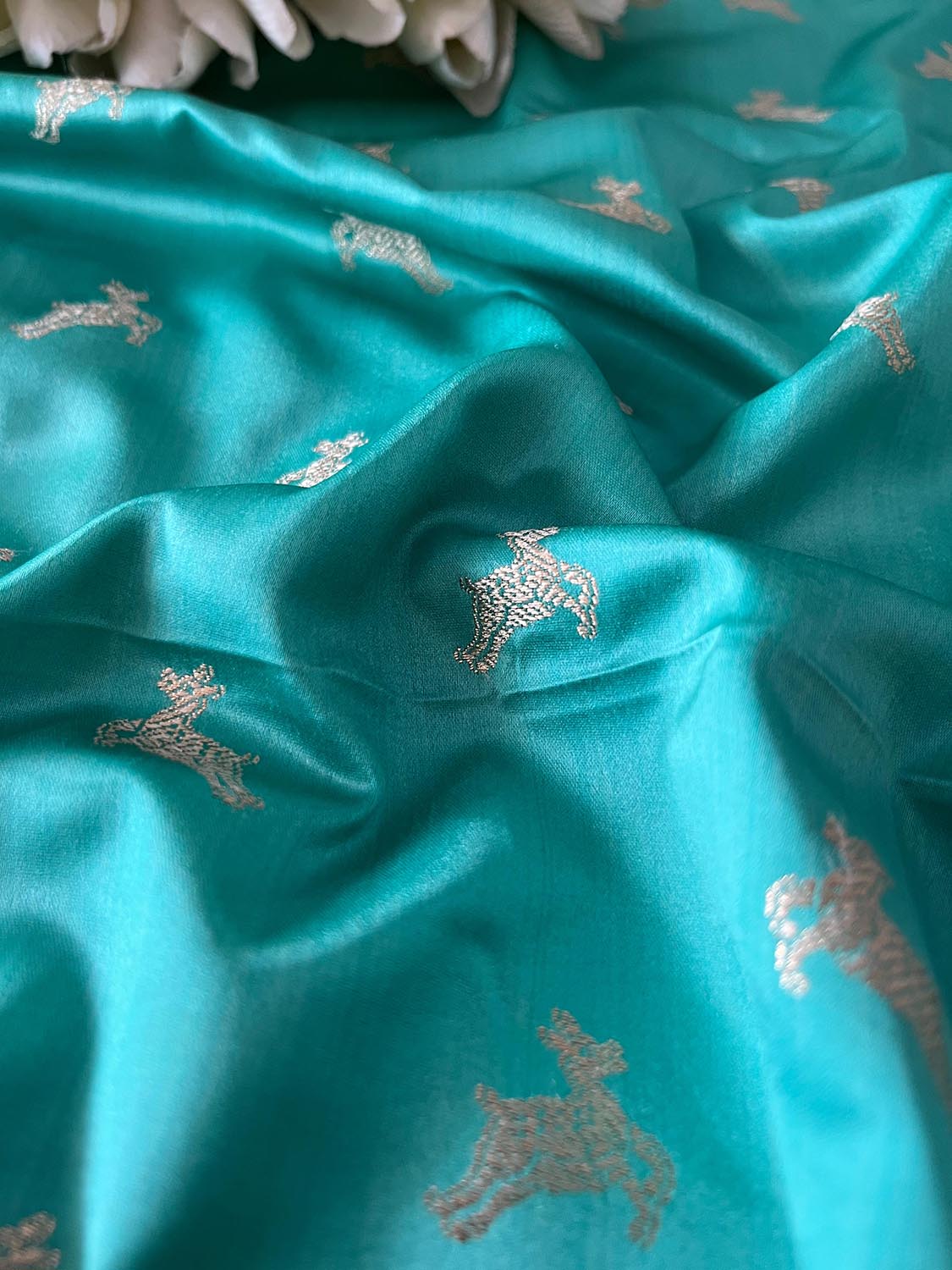 Sea Green Banarasi Mashru Silk Deer Design Fabric ( 1 Mtr ) - Luxurion World