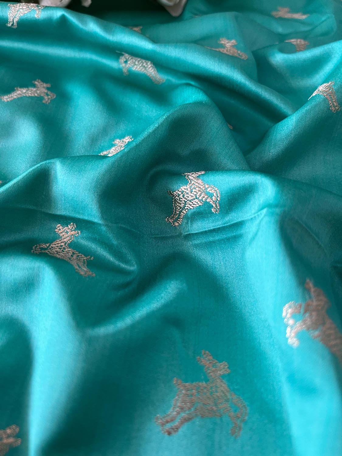 Sea Green Banarasi Mashru Silk Deer Design Fabric ( 1 Mtr ) - Luxurion World