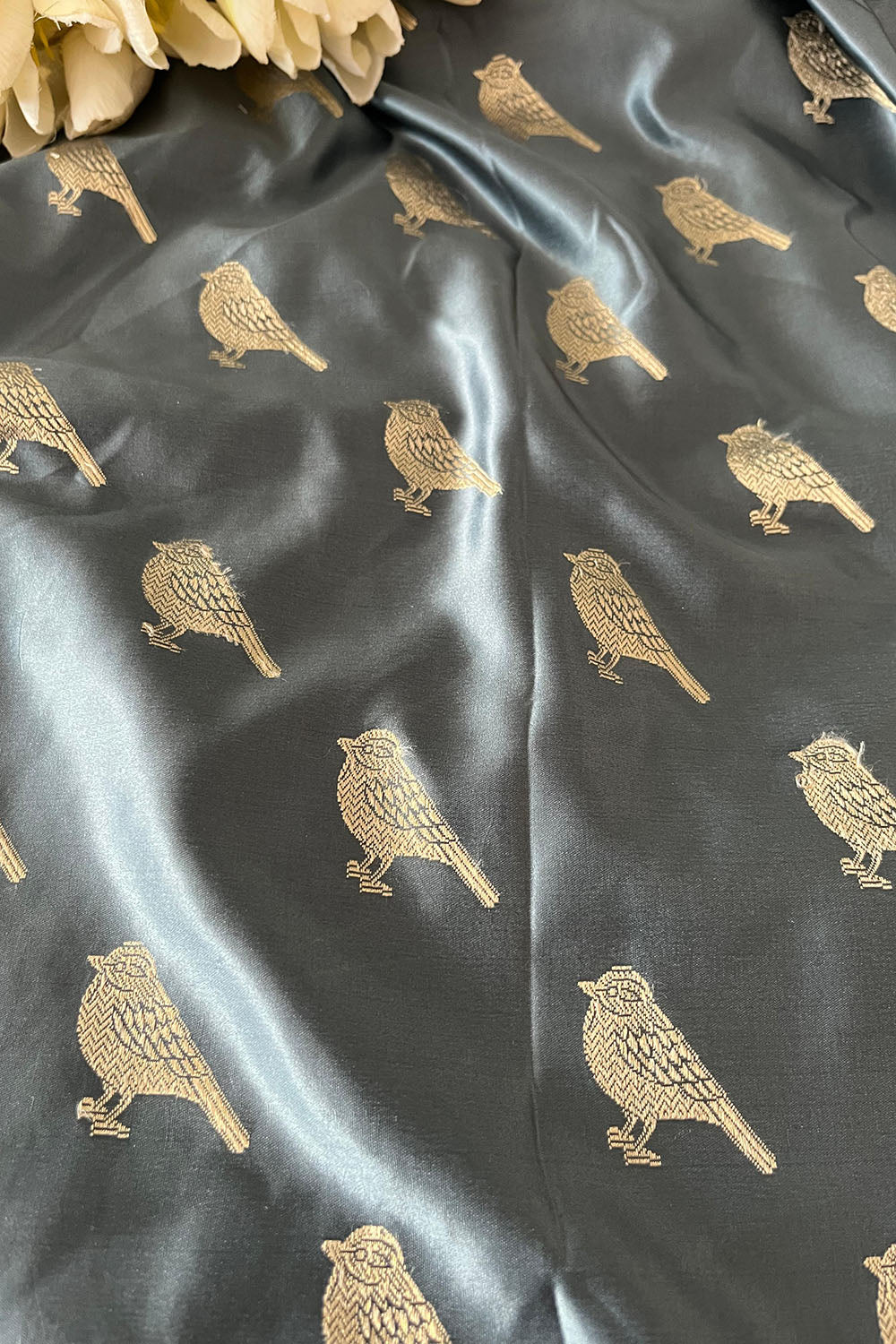 Grey Banarasi Mashru Silk Deer Design Fabric ( 1 Mtr ) - Luxurion World