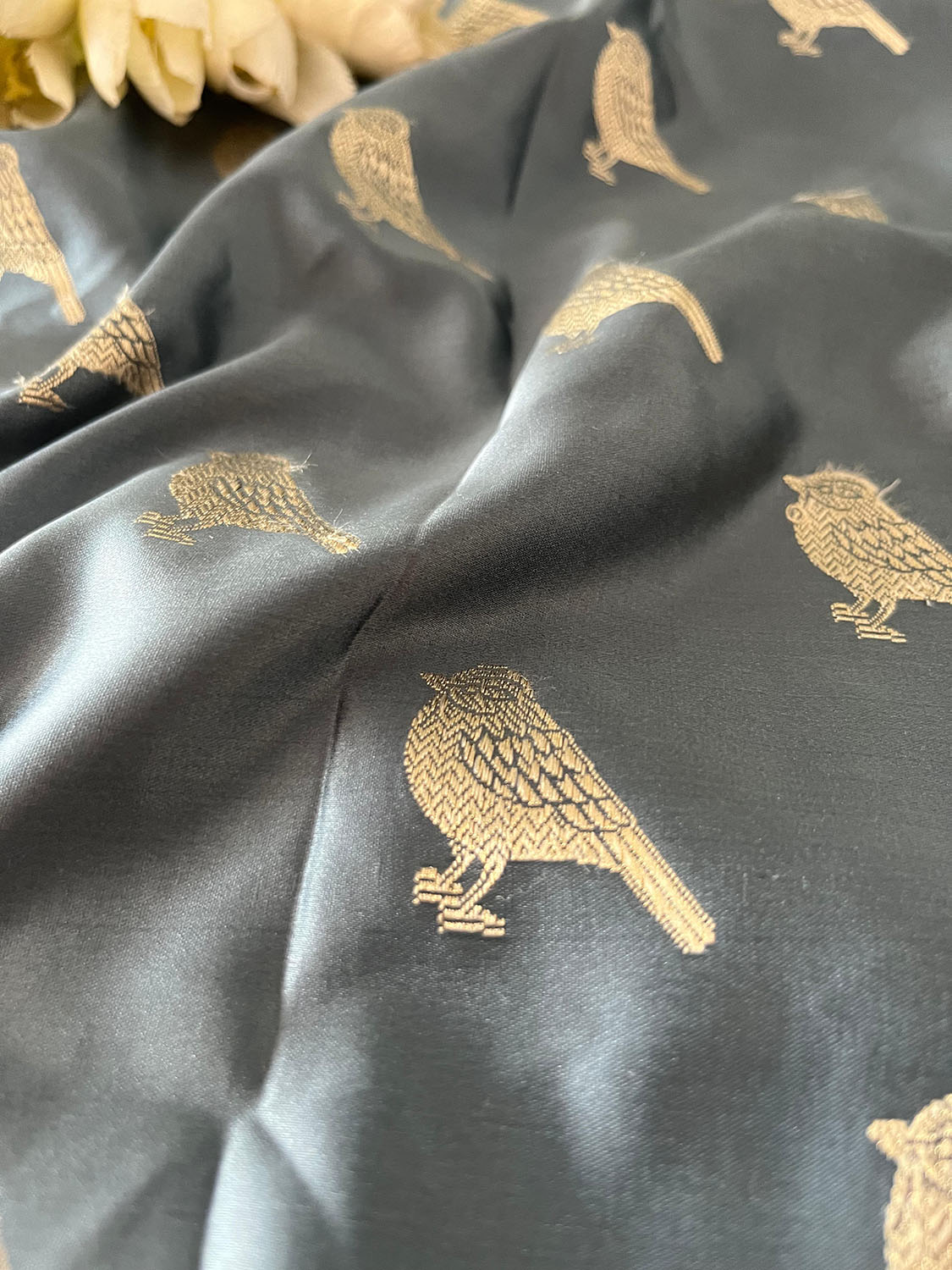 Grey Banarasi Mashru Silk Deer Design Fabric ( 1 Mtr ) - Luxurion World