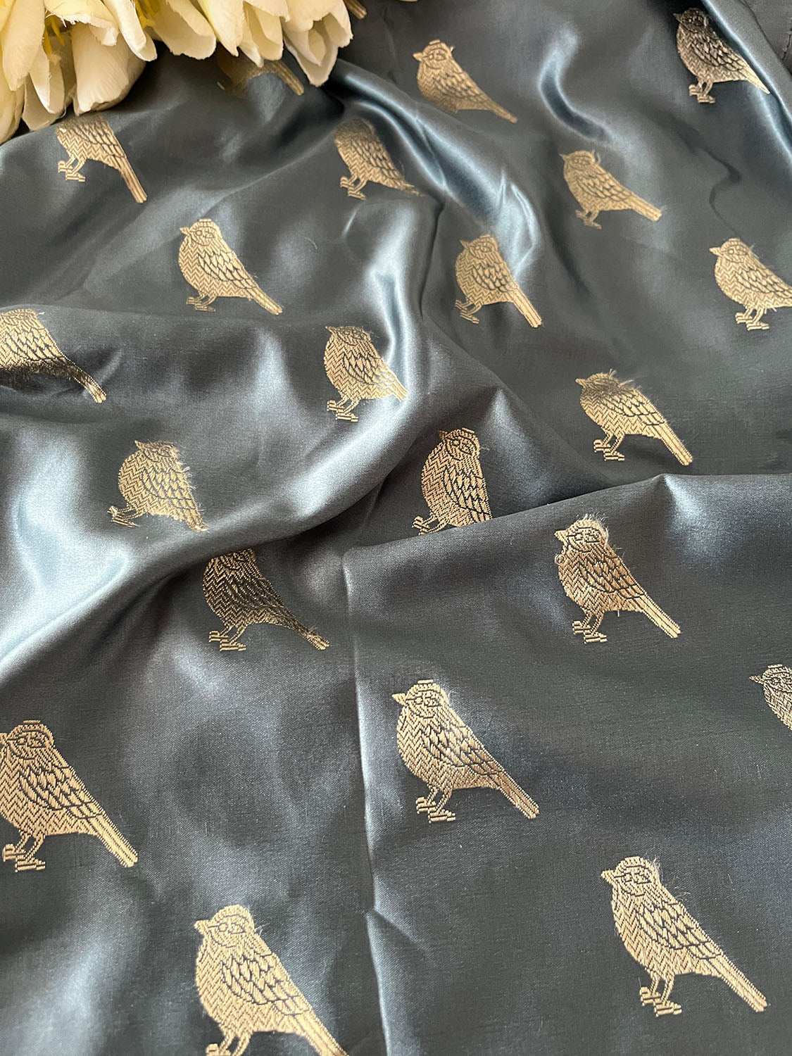 Grey Banarasi Mashru Silk Deer Design Fabric ( 1 Mtr ) - Luxurion World