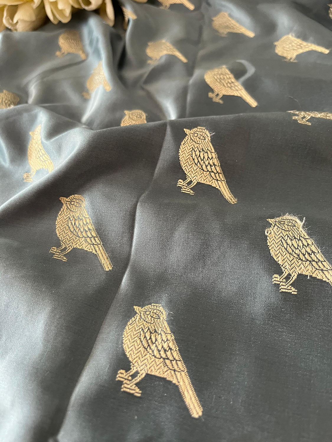 Grey Banarasi Mashru Silk Deer Design Fabric ( 1 Mtr ) - Luxurion World