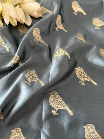 Grey Banarasi Mashru Silk Deer Design Fabric ( 1 Mtr ) - Luxurion World