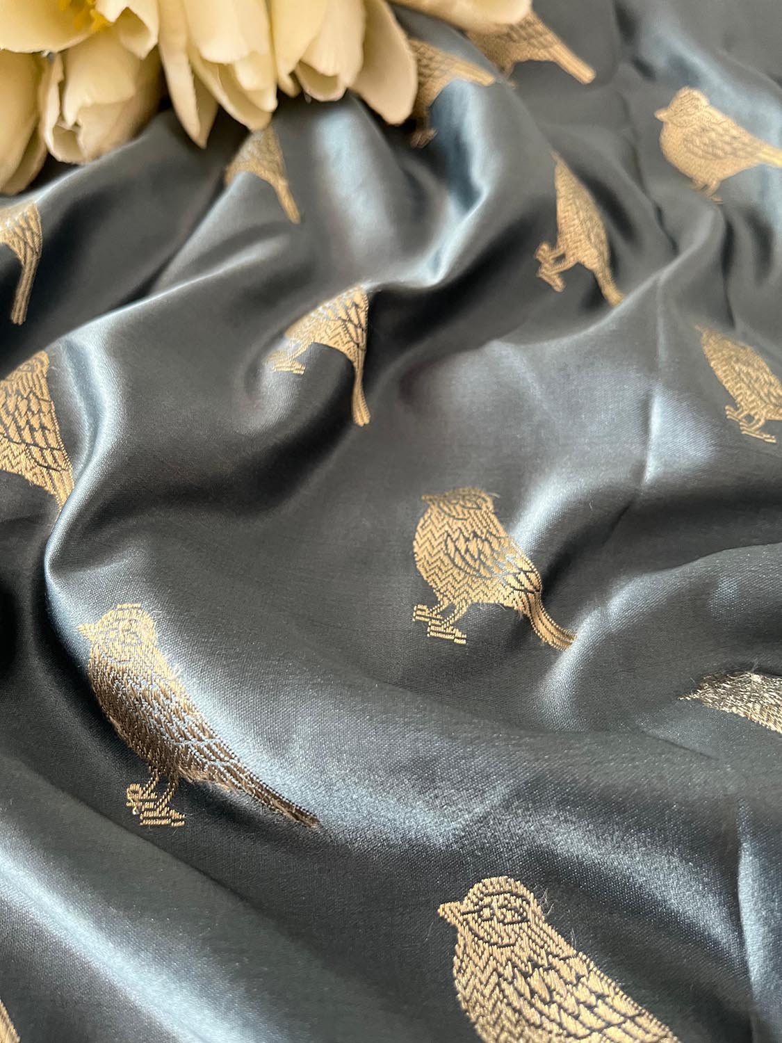 Grey Banarasi Mashru Silk Deer Design Fabric ( 1 Mtr ) - Luxurion World