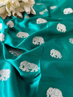 Green Banarasi Mashru Silk Elephant Design Fabric ( 1 Mtr ) - Luxurion World