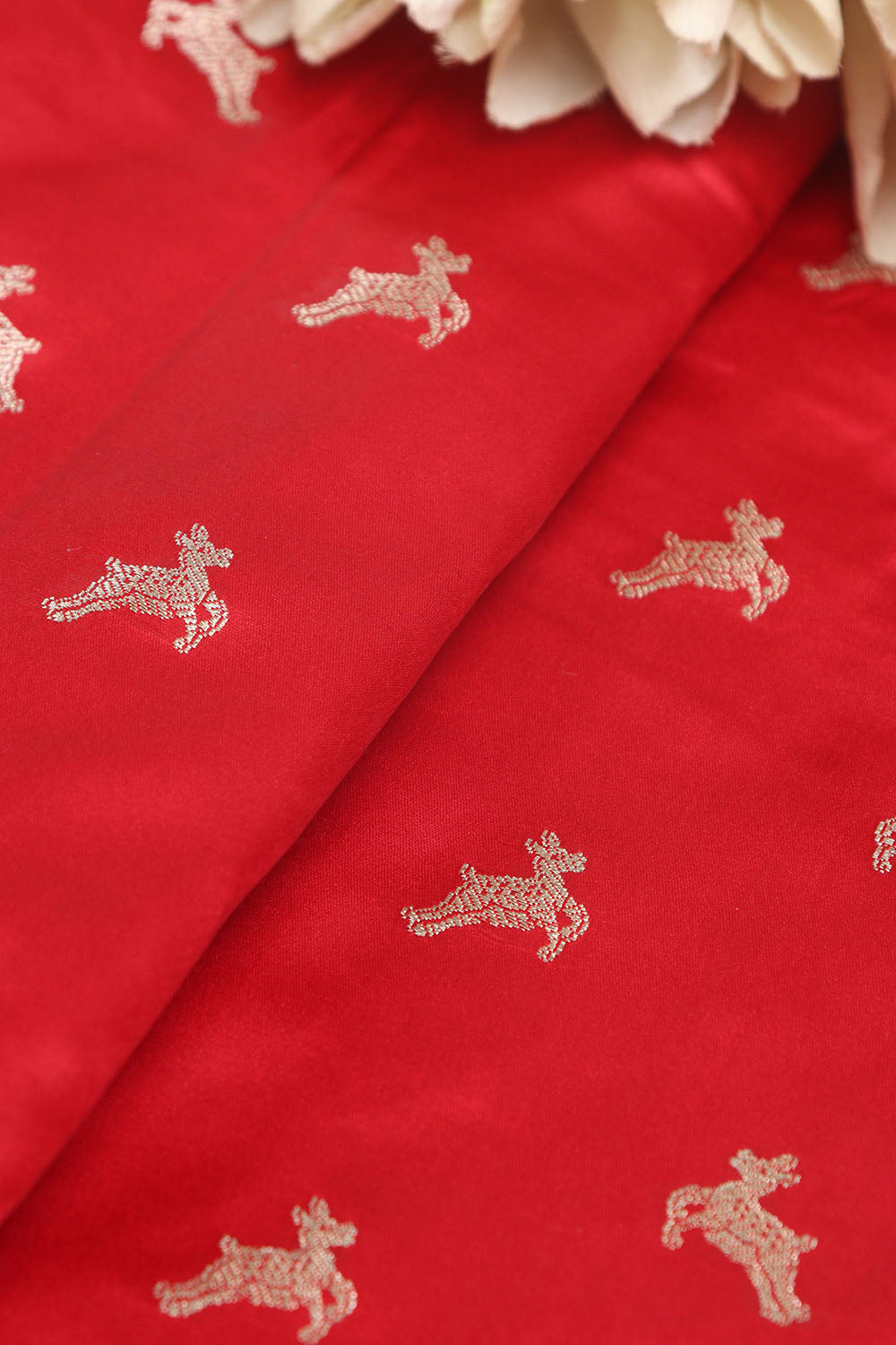 Red Banarasi Mashru Silk Deer Design Fabric ( 1 Mtr ) - Luxurion World