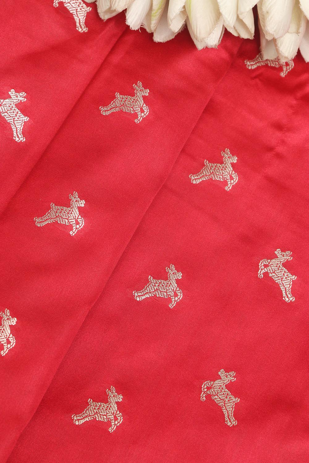 Red Banarasi Mashru Silk Deer Design Fabric ( 1 Mtr ) - Luxurion World