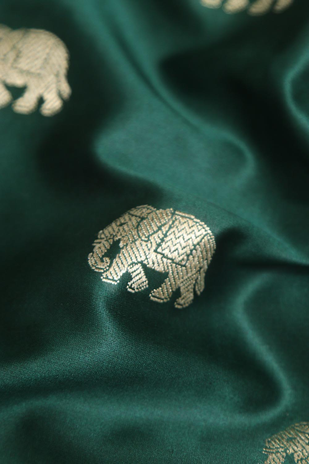 Green Banarasi Mashru Silk Elephant Design Fabric ( 1 Mtr ) - Luxurion World