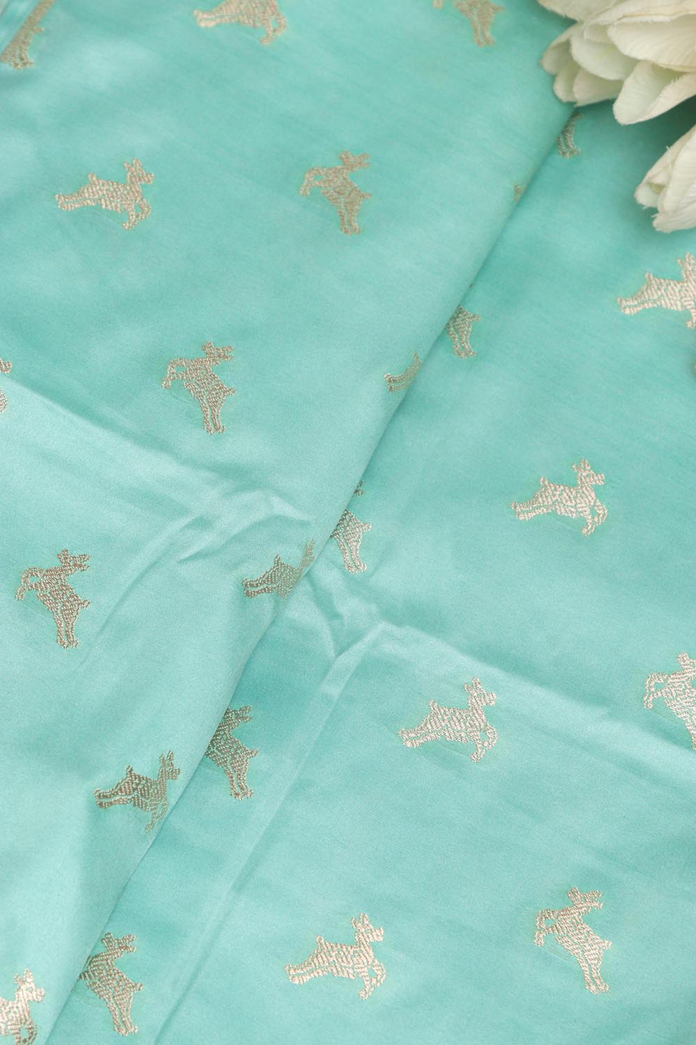 Blue Banarasi Mashru Silk Deer Design Fabric ( 1 Mtr ) - Luxurion World
