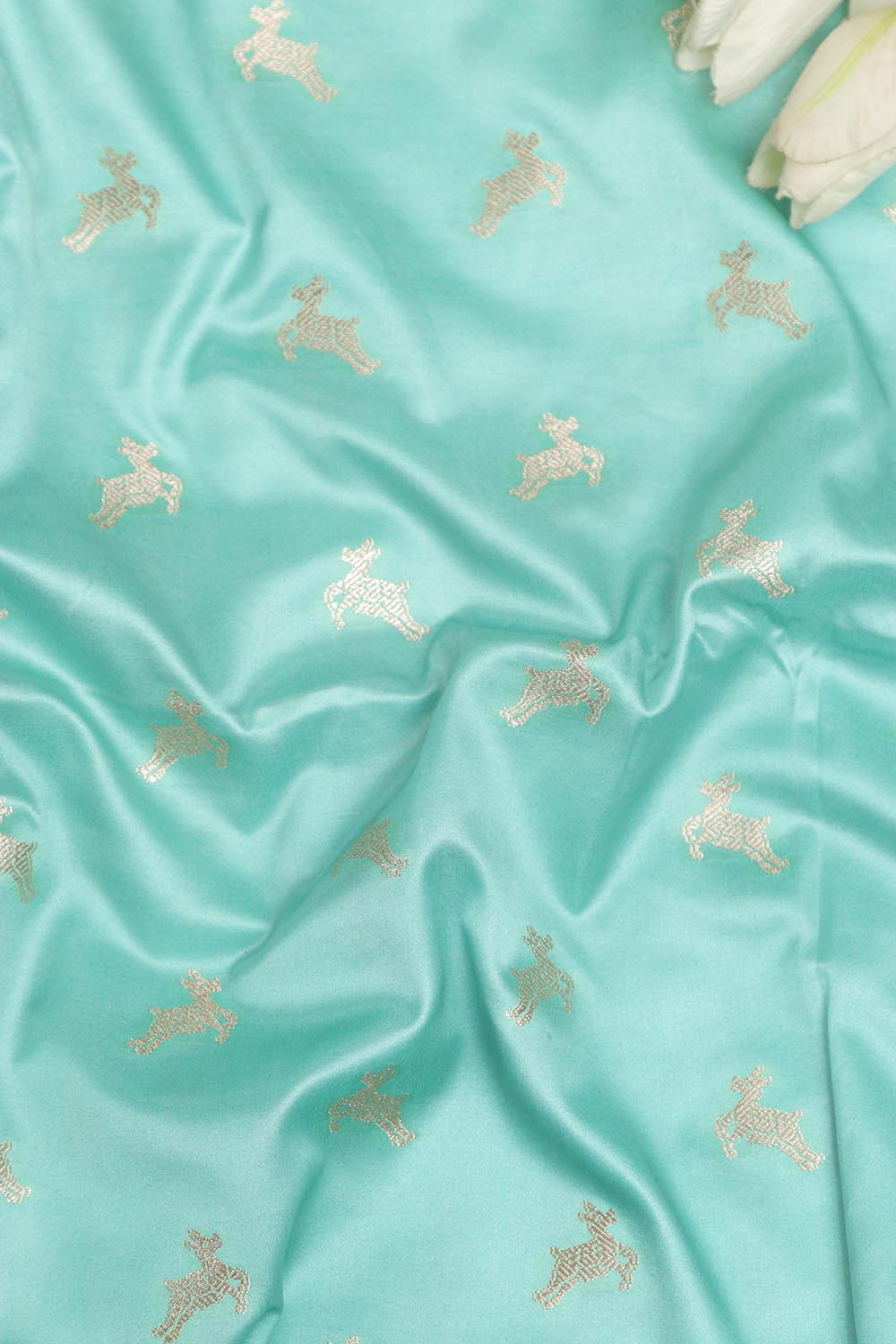 Blue Banarasi Mashru Silk Deer Design Fabric ( 1 Mtr ) - Luxurion World