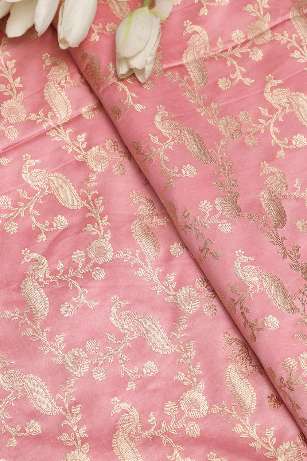 Pink Banarasi Mashru Silk Peacock And Flower Design Fabric ( 1 Mtr ) - Luxurion World