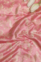 Pink Banarasi Mashru Silk Peacock And Flower Design Fabric ( 1 Mtr ) - Luxurion World