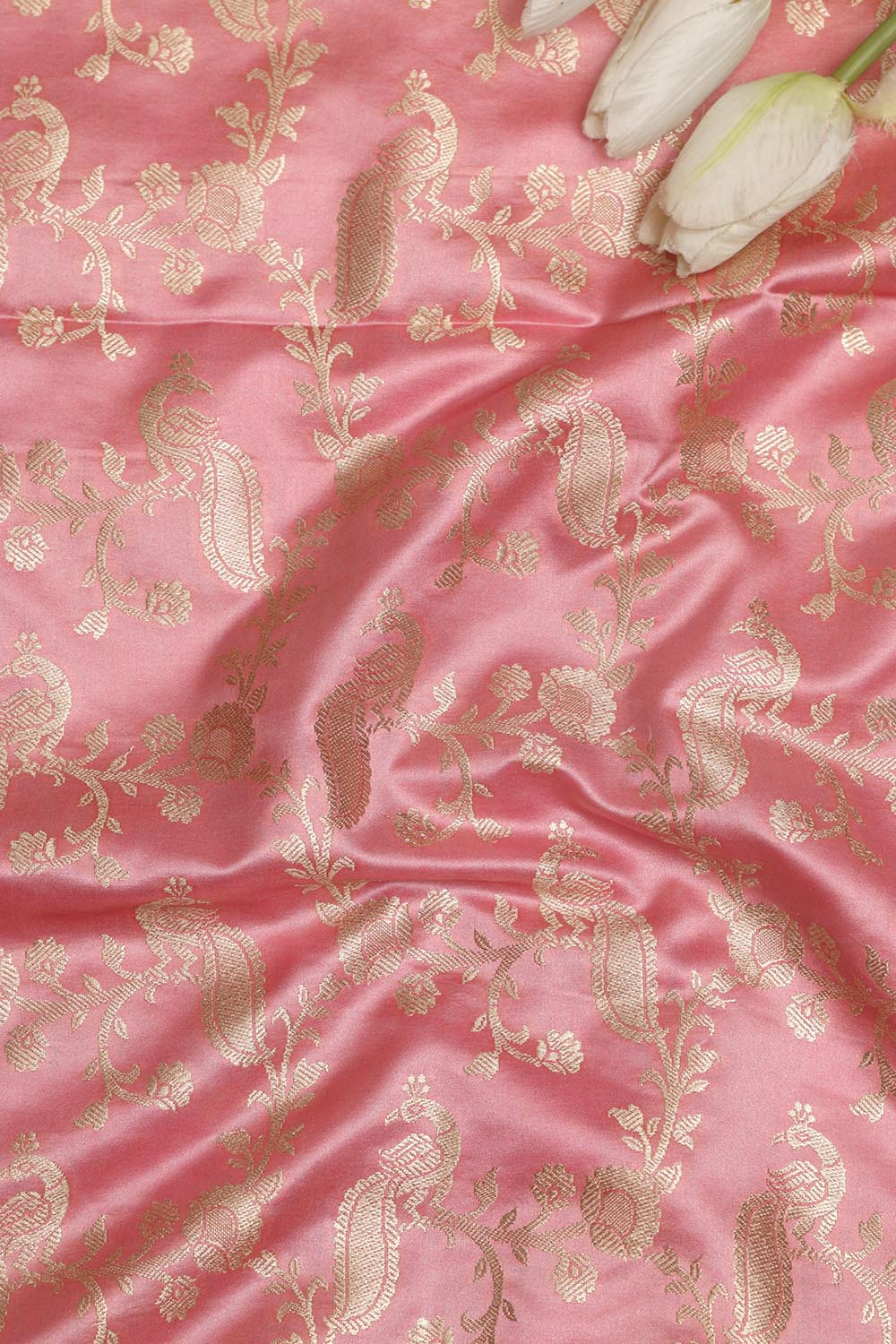 Pink Banarasi Mashru Silk Peacock And Flower Design Fabric ( 1 Mtr ) - Luxurion World
