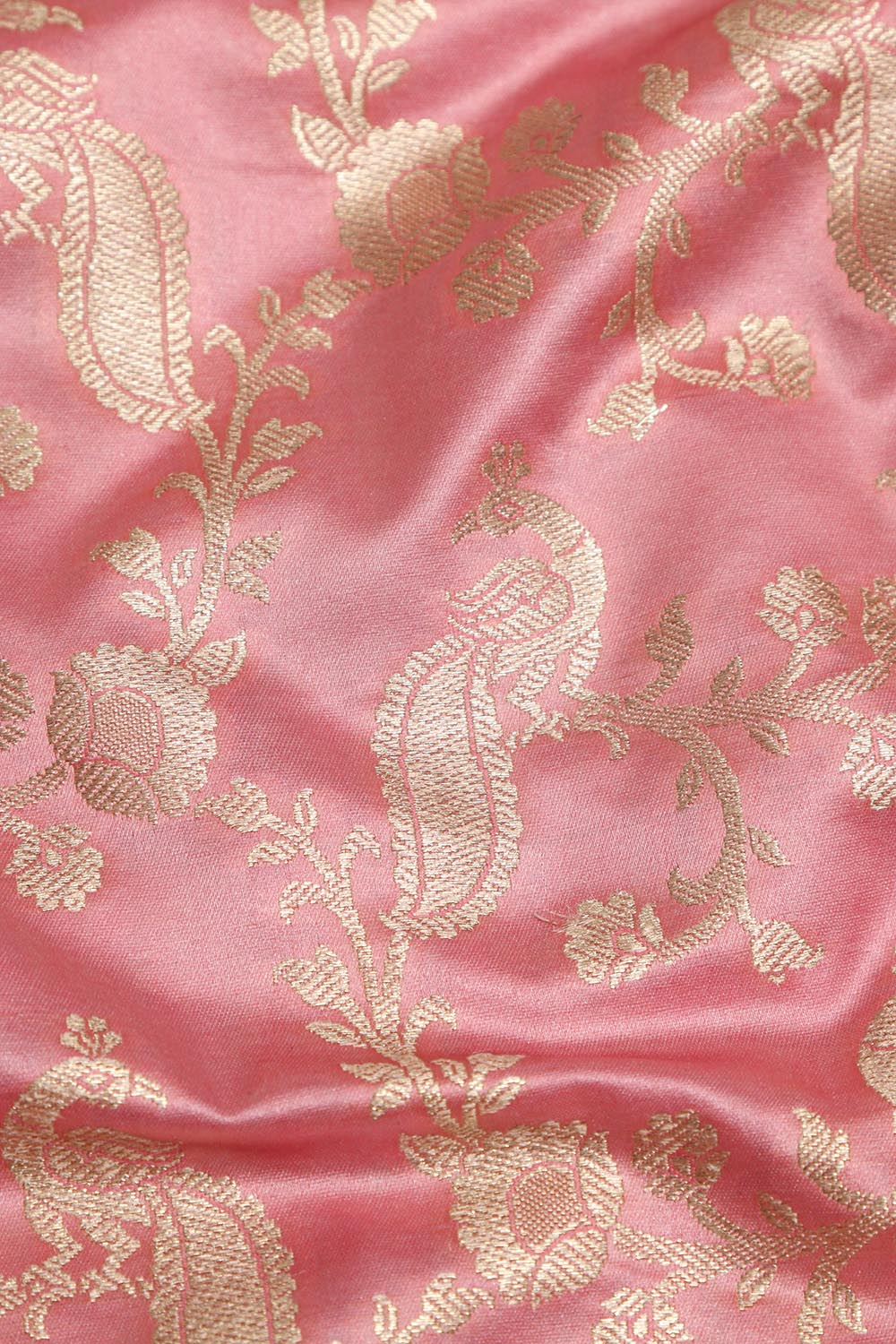 Pink Banarasi Mashru Silk Peacock And Flower Design Fabric ( 1 Mtr ) - Luxurion World