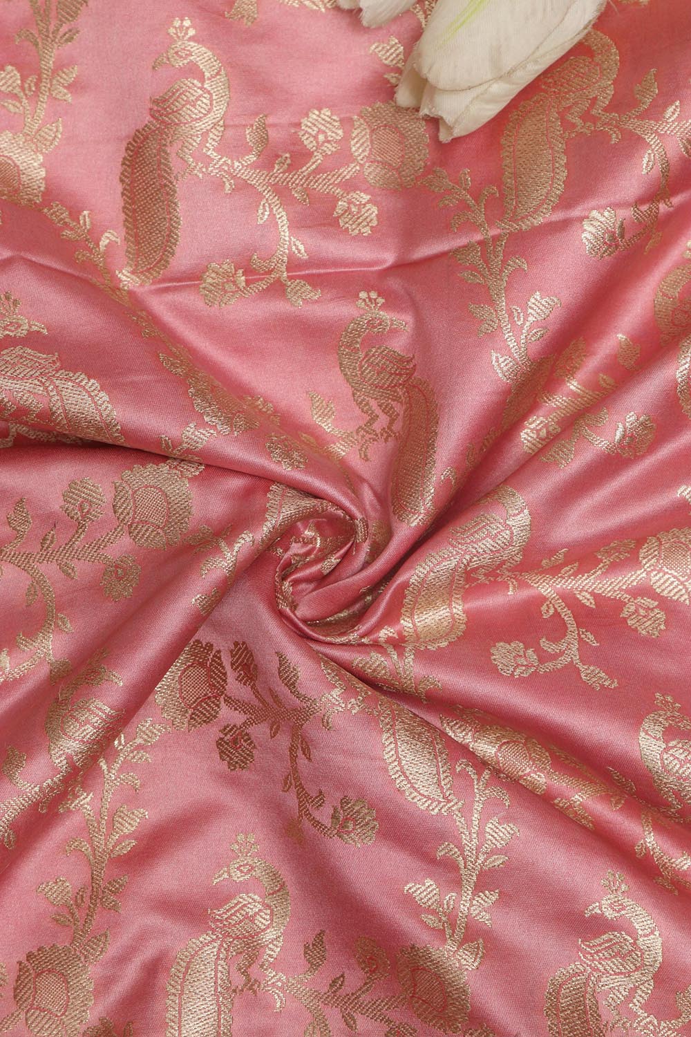 Pink Banarasi Mashru Silk Peacock And Flower Design Fabric ( 1 Mtr ) - Luxurion World