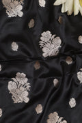 Black Banarasi Mashru Silk Flower Design Fabric ( 1 Mtr ) - Luxurion World