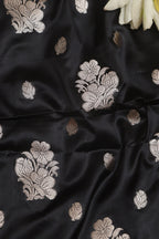 Black Banarasi Mashru Silk Flower Design Fabric ( 1 Mtr ) - Luxurion World
