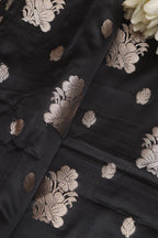 Black Banarasi Mashru Silk Flower Design Fabric ( 1 Mtr ) - Luxurion World