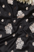Black Banarasi Mashru Silk Flower Design Fabric ( 1 Mtr ) - Luxurion World