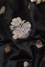 Black Banarasi Mashru Silk Flower Design Fabric ( 1 Mtr ) - Luxurion World