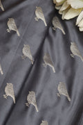 Grey Banarasi Mashru Silk Bird Design Fabric ( 1 Mtr ) - Luxurion World