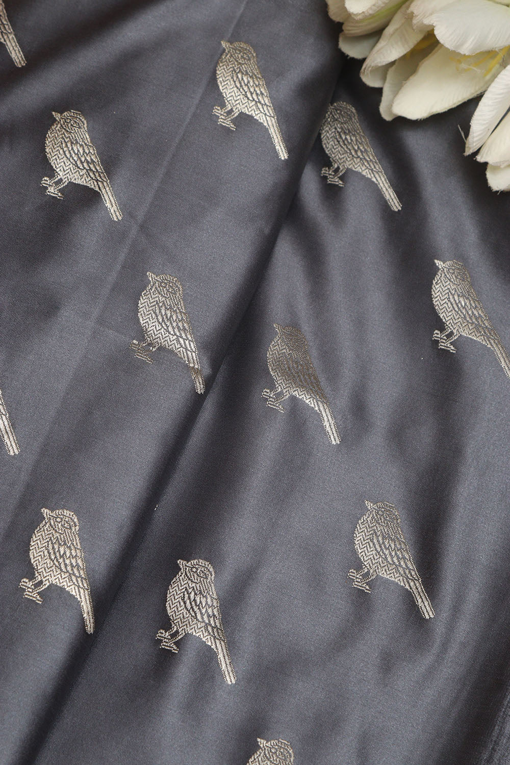 Grey Banarasi Mashru Silk Bird Design Fabric ( 1 Mtr ) - Luxurion World