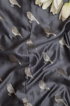 Grey Banarasi Mashru Silk Bird Design Fabric ( 1 Mtr ) - Luxurion World