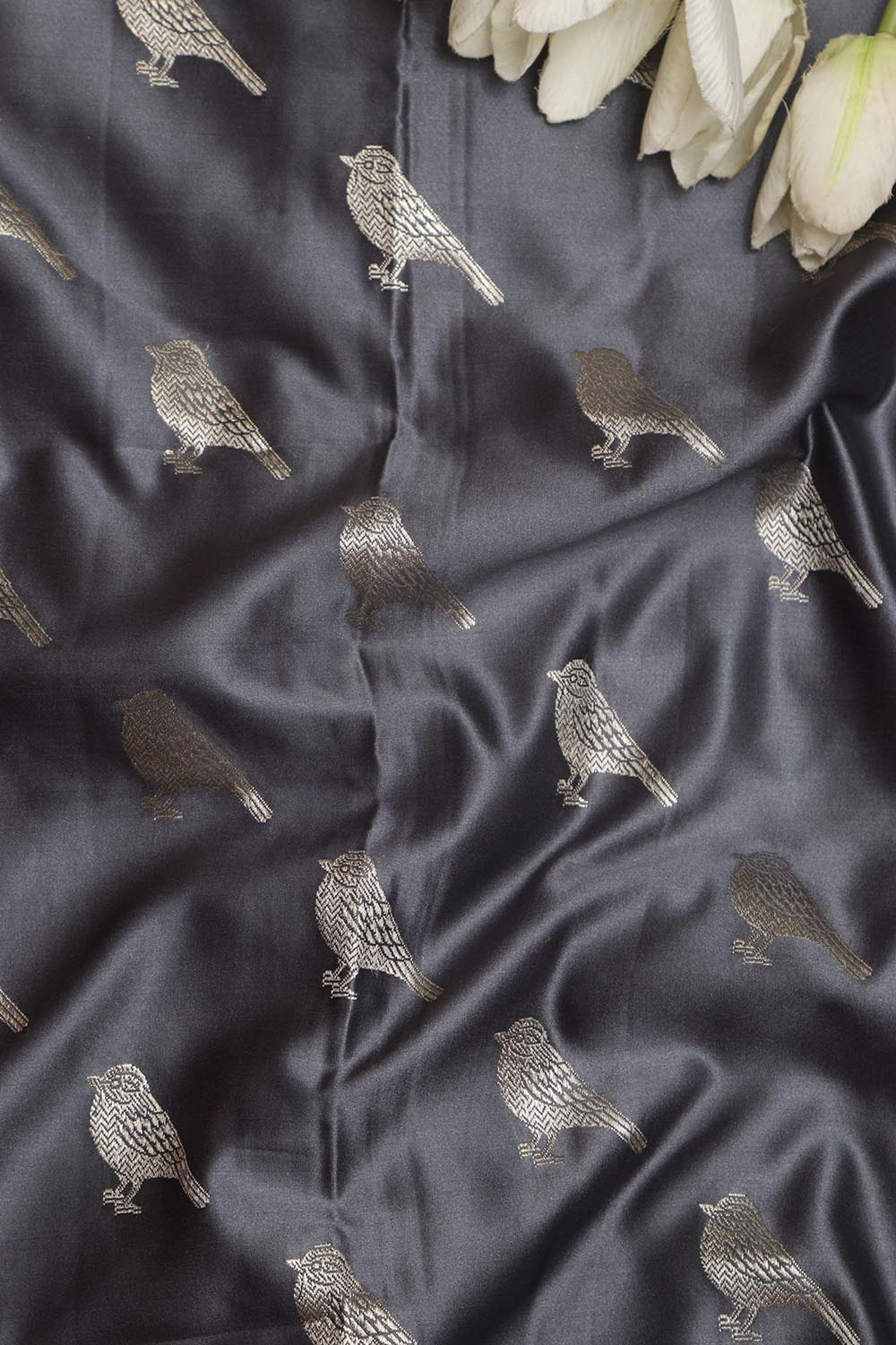 Grey Banarasi Mashru Silk Bird Design Fabric ( 1 Mtr ) - Luxurion World
