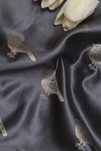Grey Banarasi Mashru Silk Bird Design Fabric ( 1 Mtr ) - Luxurion World