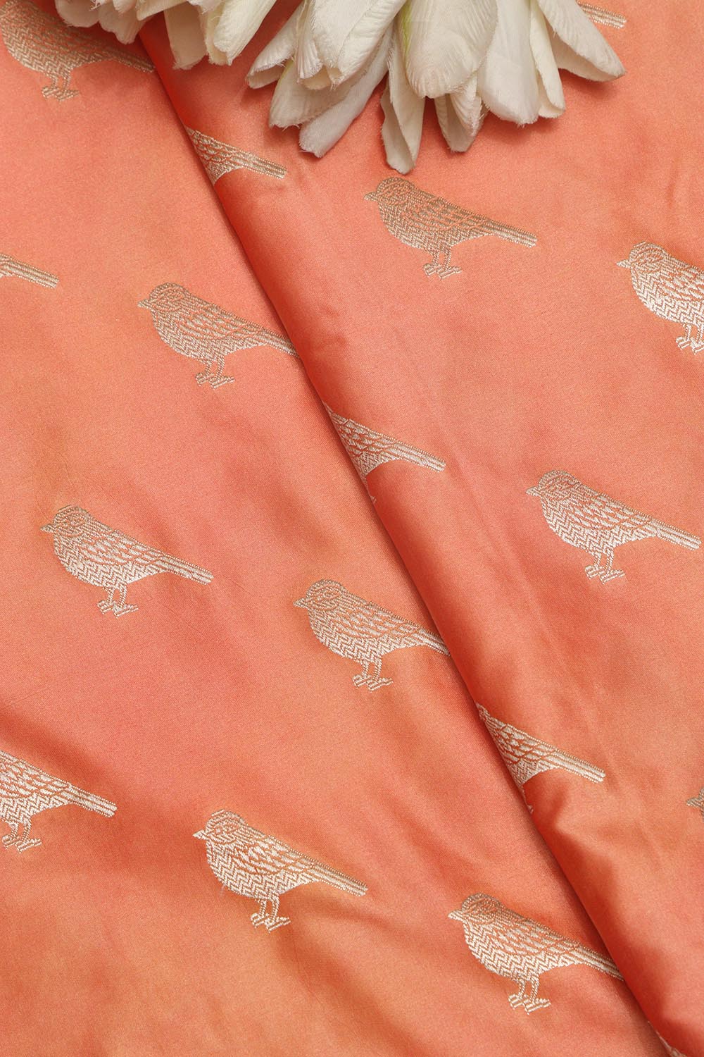 Peach Banarasi Mashru Silk Bird Design Fabric ( 1 Mtr ) - Luxurion World