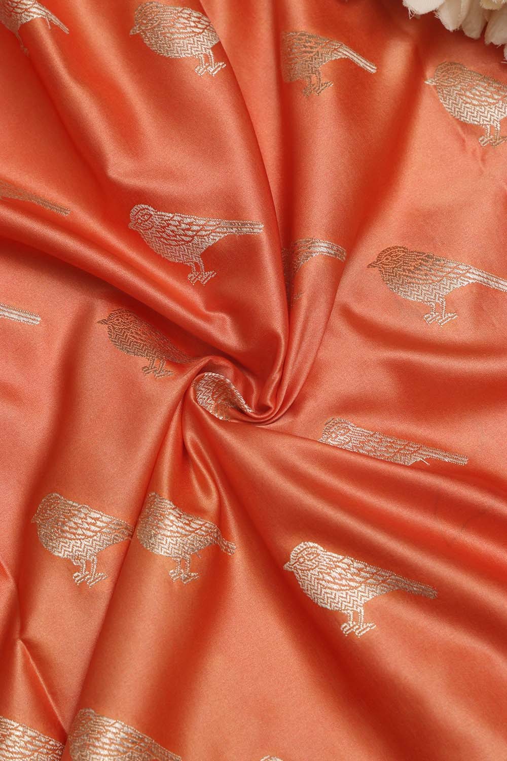 Peach Banarasi Mashru Silk Bird Design Fabric ( 1 Mtr ) - Luxurion World