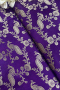 Purple Banarasi Mashru Silk Peacock And Flower Design Fabric ( 1 Mtr ) - Luxurion World