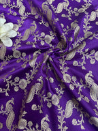 Purple Banarasi Mashru Silk Peacock And Flower Design Fabric ( 1 Mtr ) - Luxurion World