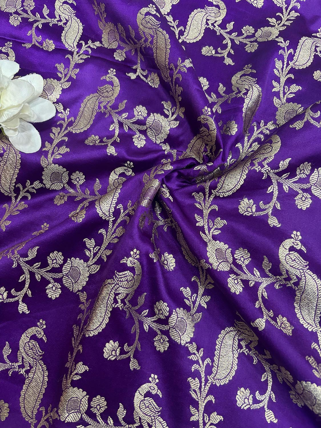 Purple Banarasi Mashru Silk Peacock And Flower Design Fabric ( 1 Mtr ) - Luxurion World