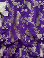 Purple Banarasi Mashru Silk Peacock And Flower Design Fabric ( 1 Mtr ) - Luxurion World