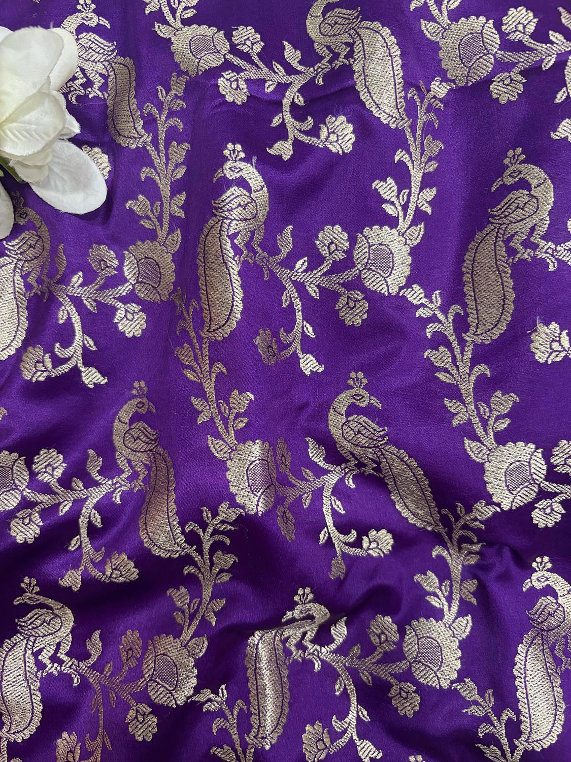Purple Banarasi Mashru Silk Peacock And Flower Design Fabric ( 1 Mtr ) - Luxurion World