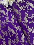 Purple Banarasi Mashru Silk Peacock And Flower Design Fabric ( 1 Mtr ) - Luxurion World