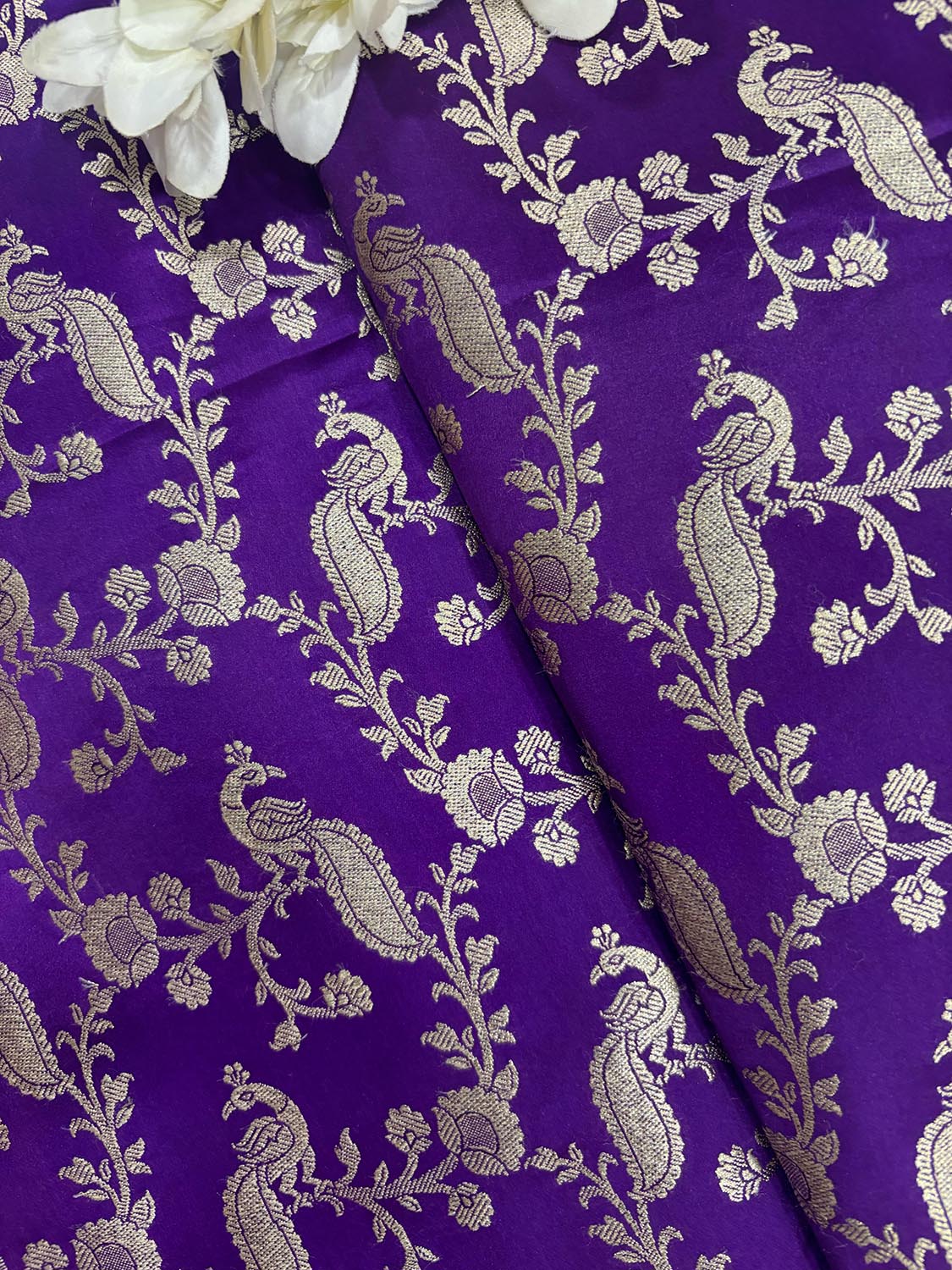 Purple Banarasi Mashru Silk Peacock And Flower Design Fabric ( 1 Mtr ) - Luxurion World