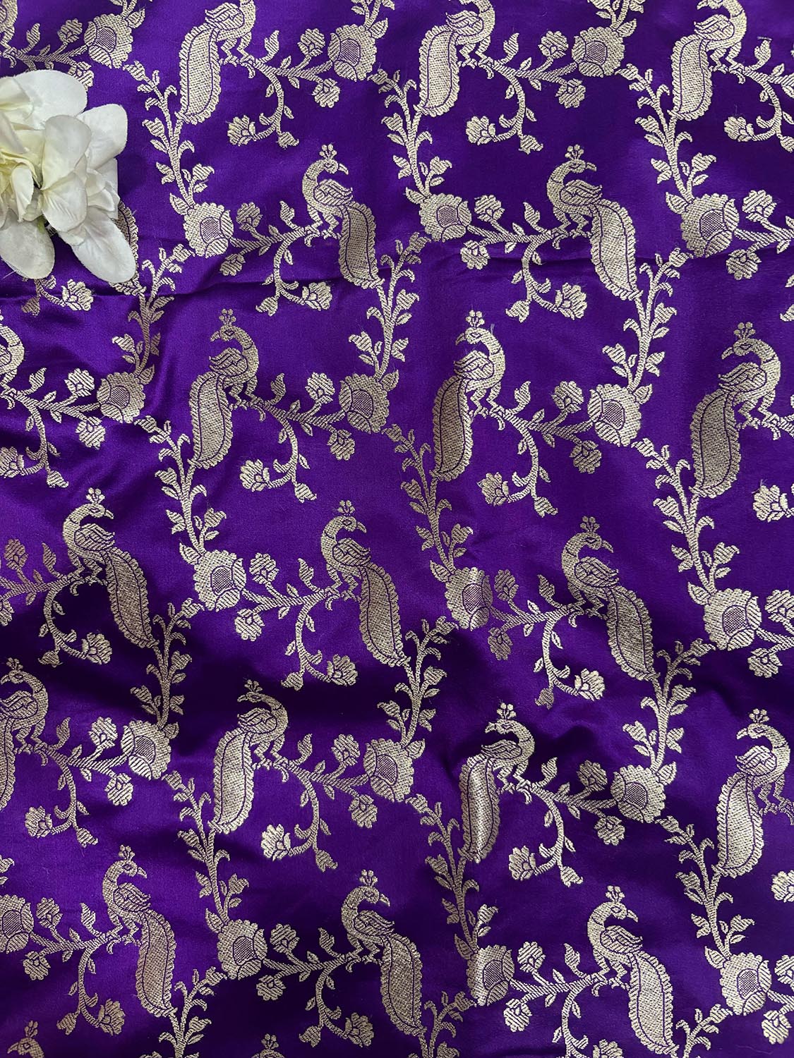 Purple Banarasi Mashru Silk Peacock And Flower Design Fabric ( 1 Mtr ) - Luxurion World